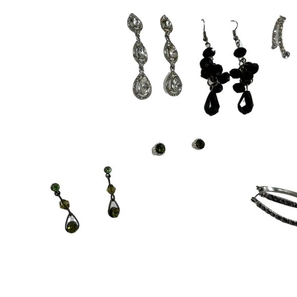 Mixed Lot 11 Earrings Dangle Hoops Beaded Rhinestones Silver Tone - Picture 5 of 16